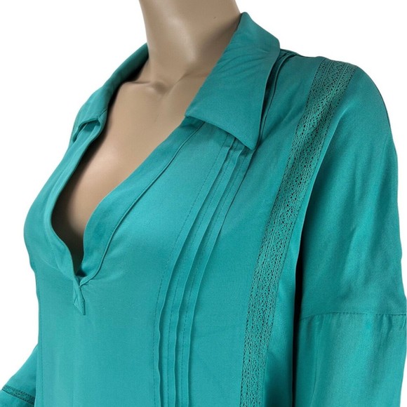 Soft Surroundings Capistrano Pintuck Teal Tunic Top Lace Inset Hi Lo Hem MEDIUM - Picture 5 of 12